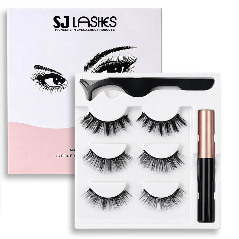 SJ LASHES Fabrik Großhandel Professionelles 3-Paar-Magnet-Wimpern-Set | Individuelles Logo, Private-Label-Magnet-Liner- und Pinzetten-Starterset mit Pappbox, OEM/ODM