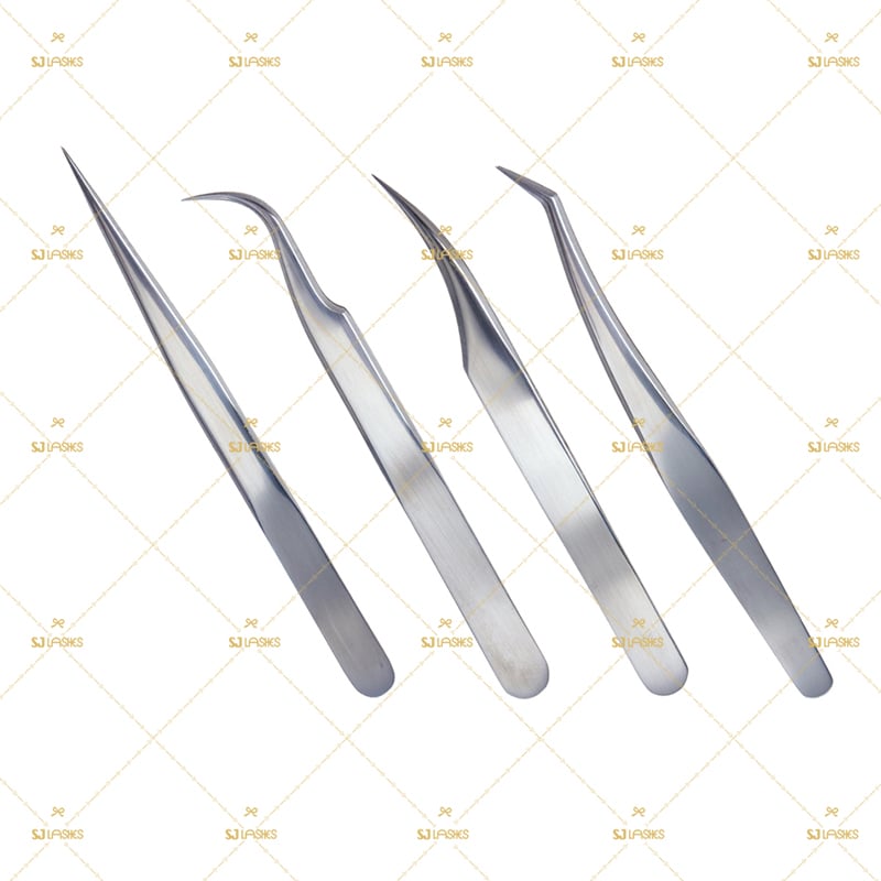 Essential 4-Piece Classic Eyelash Extension Tweezer Kit (Silver Stainless Steel)