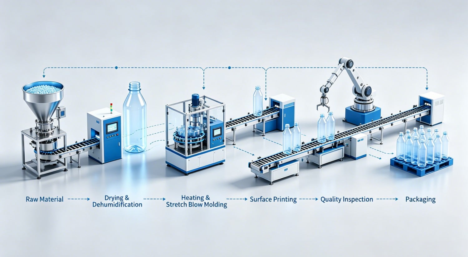 The Entire Production Process of Plastic Bottles: A Detailed Breakdown from Preform Injection Molding, Blow Molding, Screen Printing to Factory Inspection 2