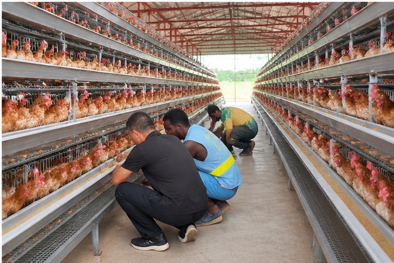 Cage inspection inside the Nigeria layer house