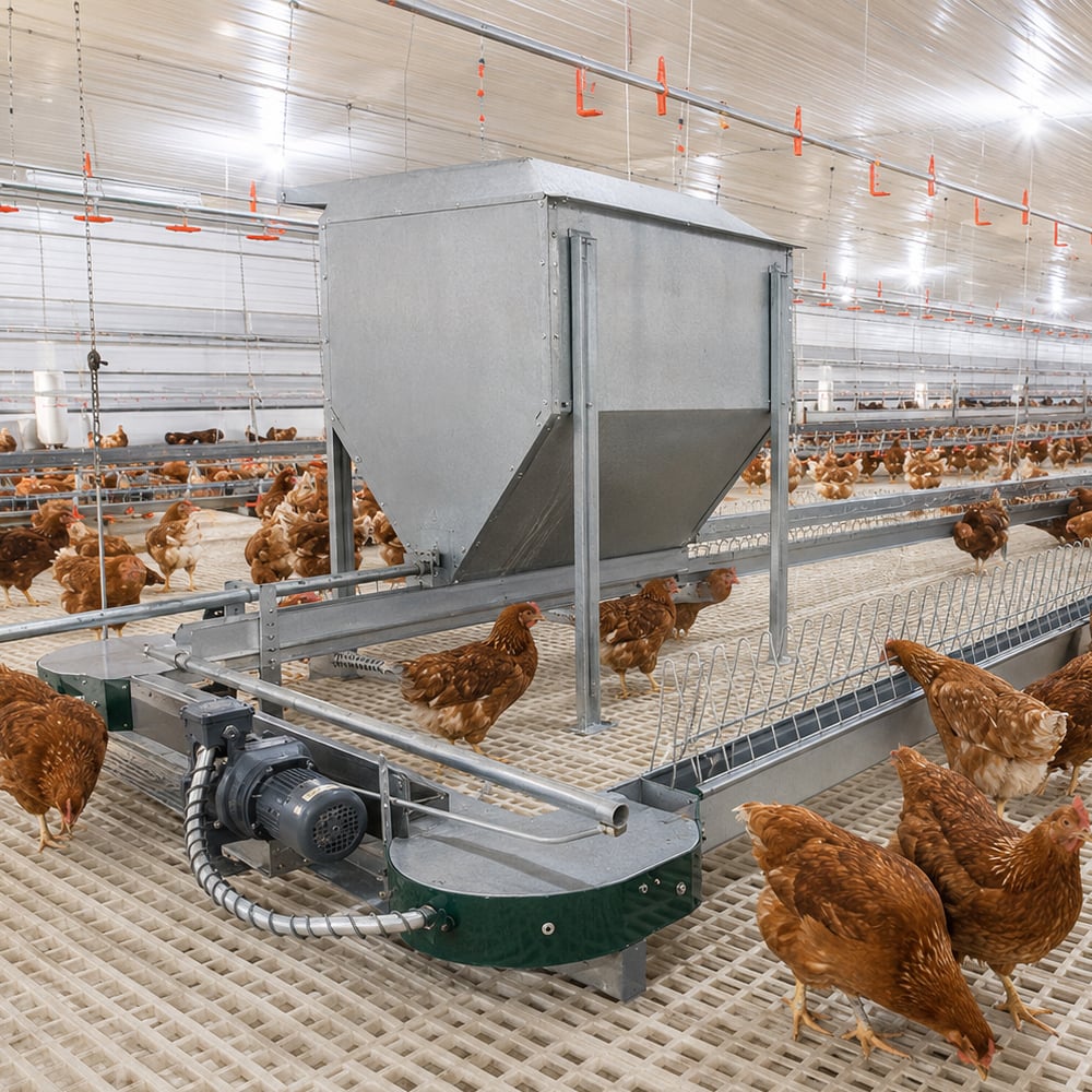 Installed poultry floor raising feed system