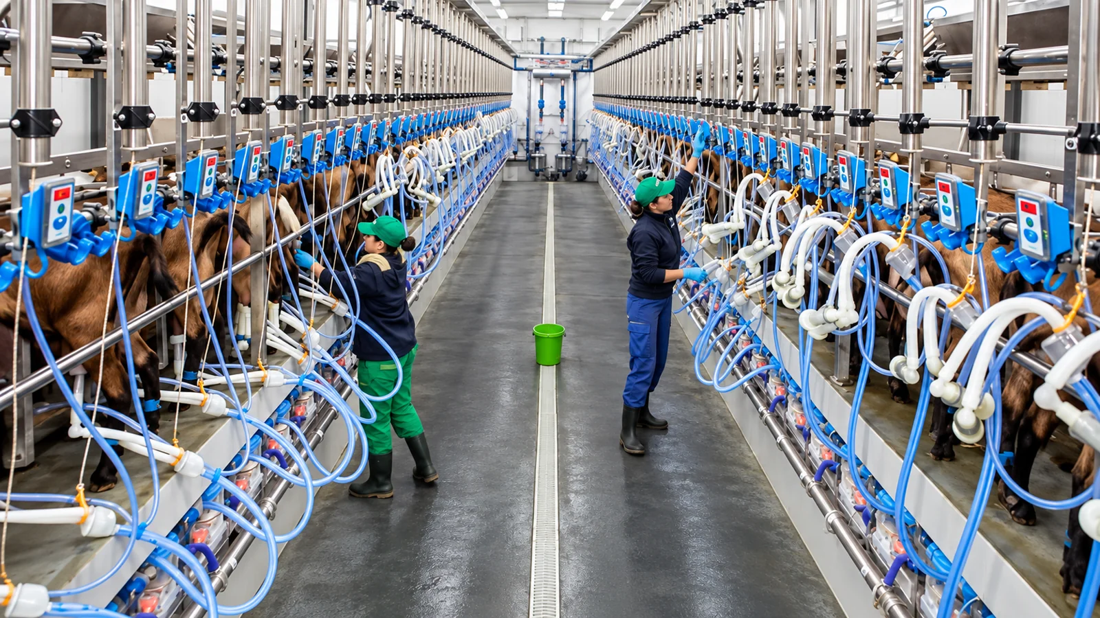 Parallel milking parlor with operators