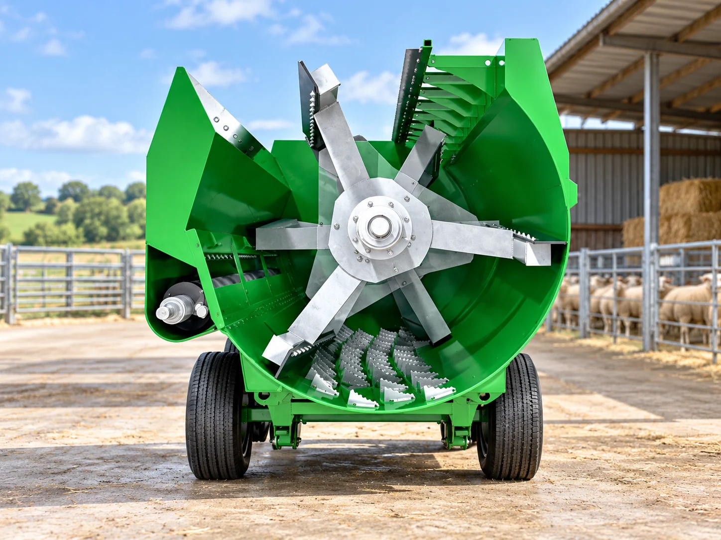 View inside an agricultural TMR mixer showing mixing blades