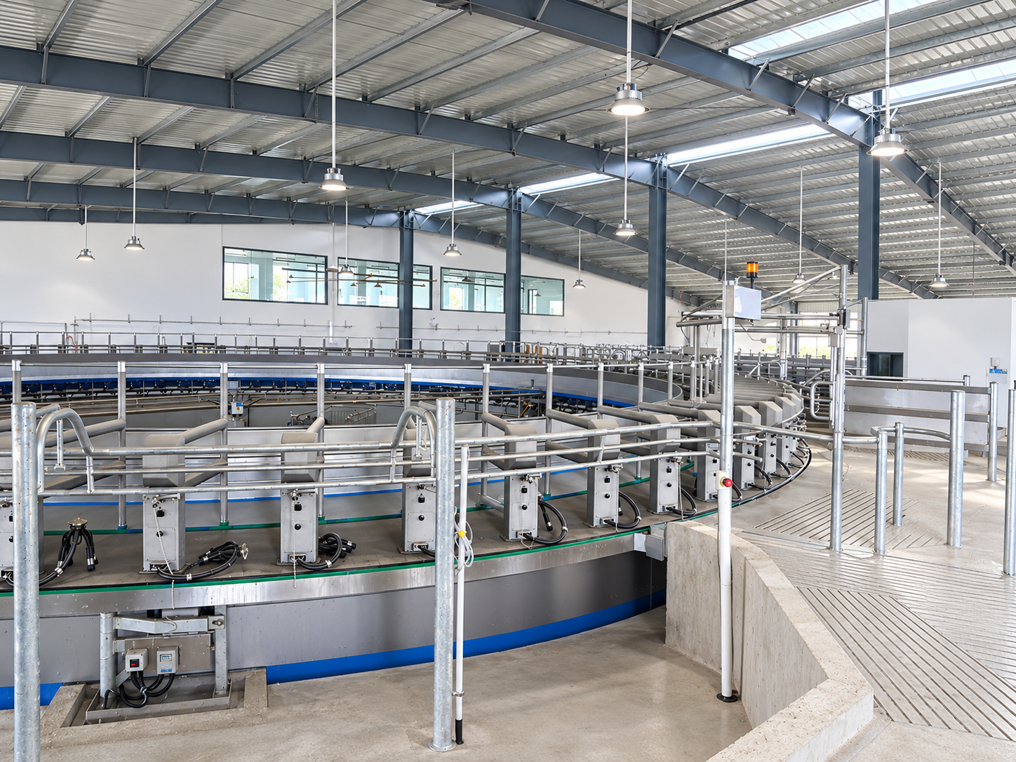 Rotary milking parlor in dairy farm