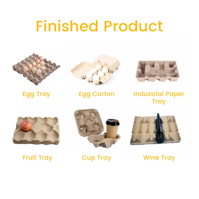 Finished pulp molded products including egg tray, egg carton, industrial tray, fruit tray, cup tray and wine tray