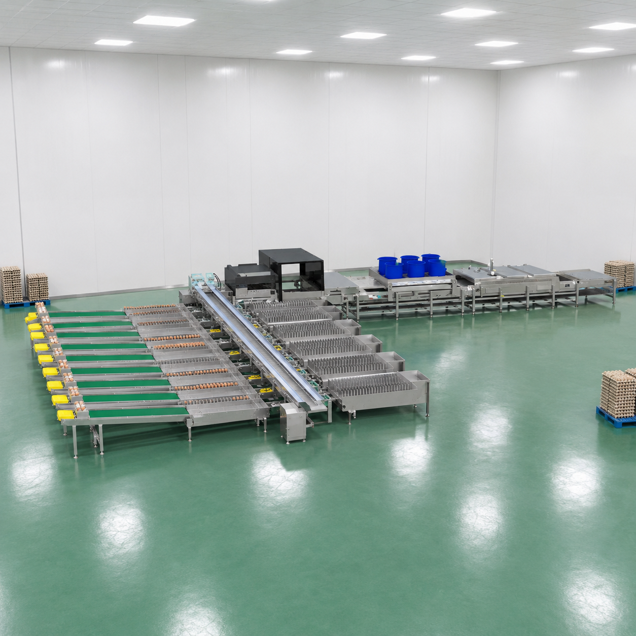 egg cleaning line with green flooring