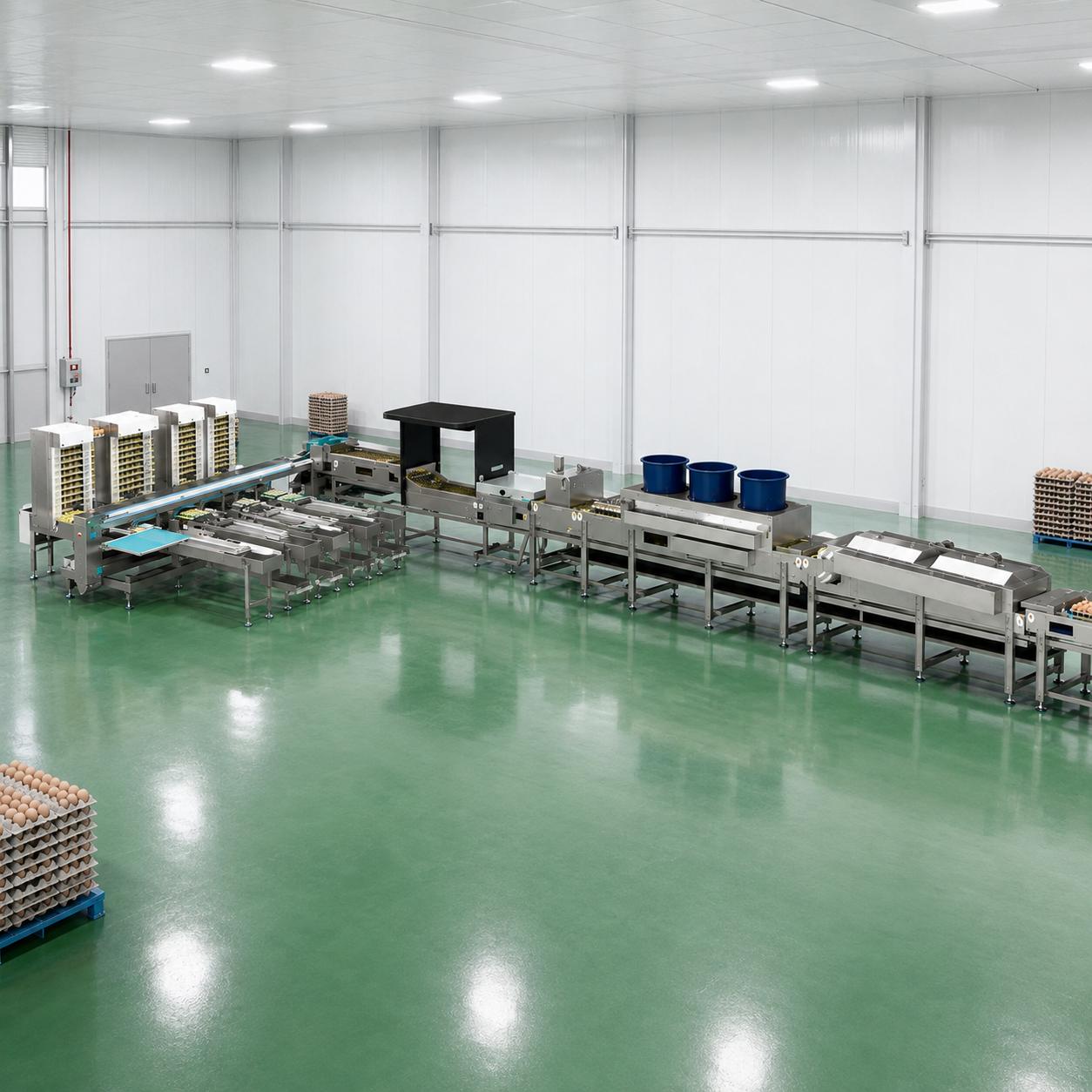 egg cleaning line with green clean-room floor