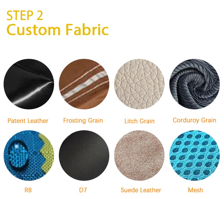 Custom Fabric: Select premium textiles, leathers, and performance materials.