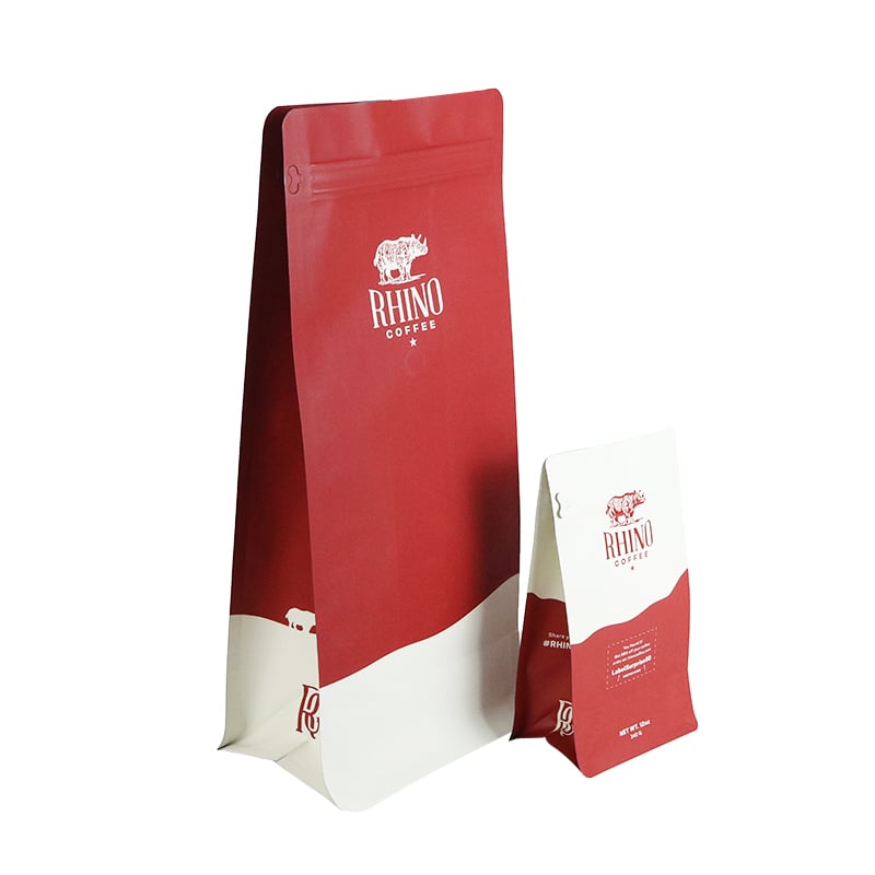 Weiyi Pack Custom Matte Printing Square Bottom Coffee Bag Eight Side Seal Stand up Pouch with Zipper Valve for Coffee Bean Rhino Design