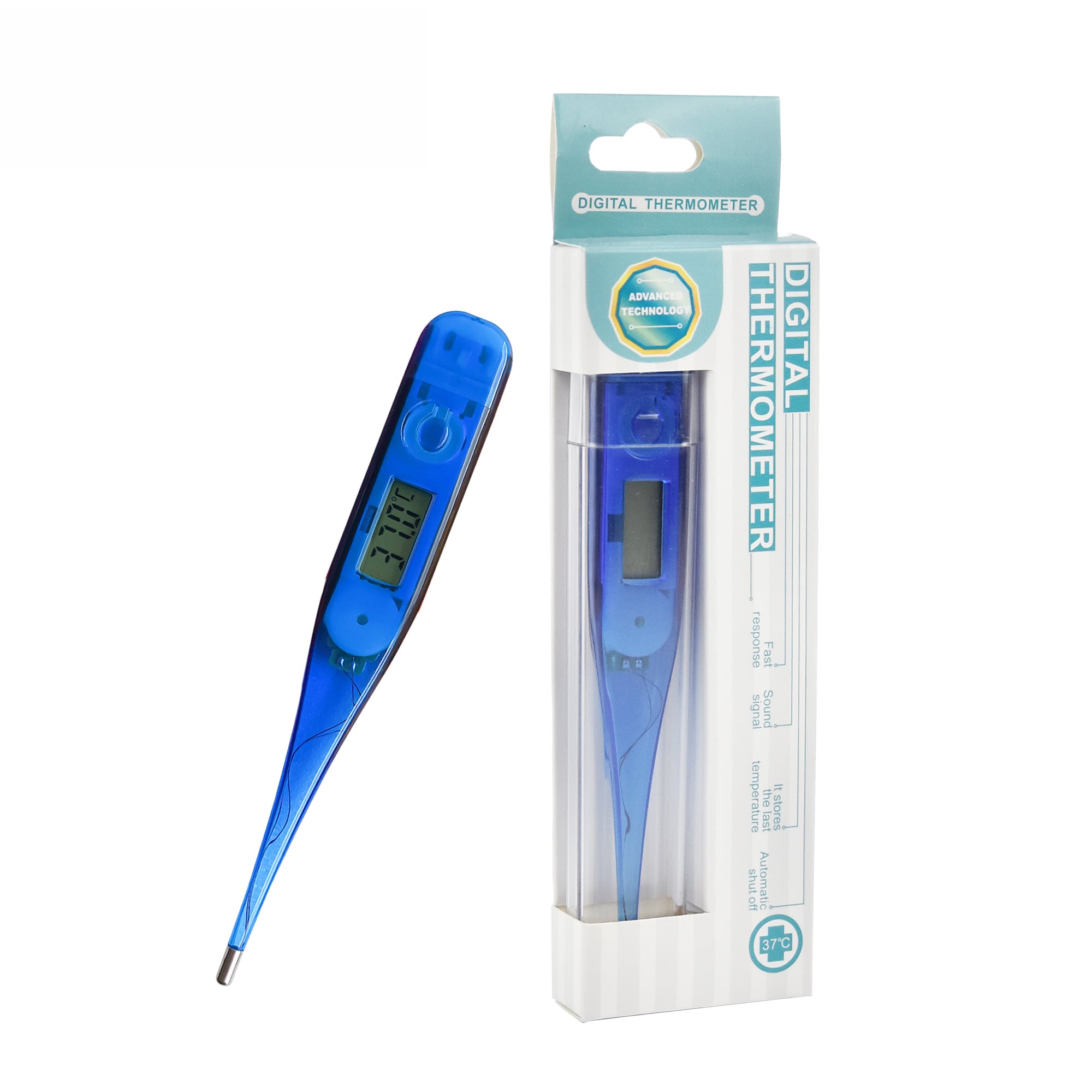 HUAAN Cyfrowy Termometr Bez Rtuť, Twardy Czubek, 60 sekund, Alarm Gorączki, DT-01D BLUE TRANSPARENT