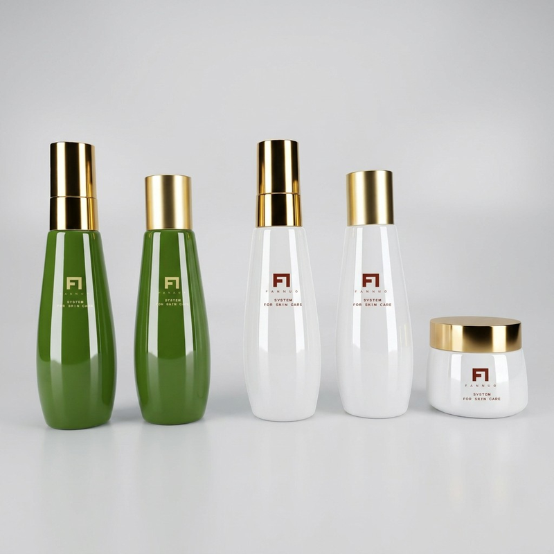 Customizable Matte PET Skincare Set (120ml Bottles & 30ml Jar) | Luxury Empty Olive Green & Cream Lotion Pump, Spray & Cream Container with Gold Cap | Professional Refillable Organic Cosmetic Packaging | Wholesale Boutique Bulk Supply