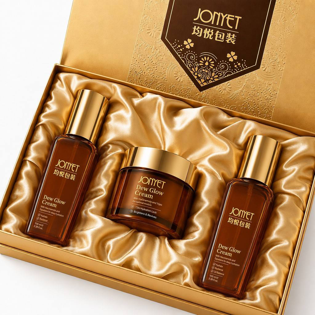 Custom Luxury Skincare Gift Box & Amber Glass Bottle Set | Bespoke Book-Type Rigid Box with Precision Paper Insert | One-Stop Radiance Skincare Packaging Solution | Wholesale Customizable Color & Size | Boutique Glow Collection Gift Set Packaging
