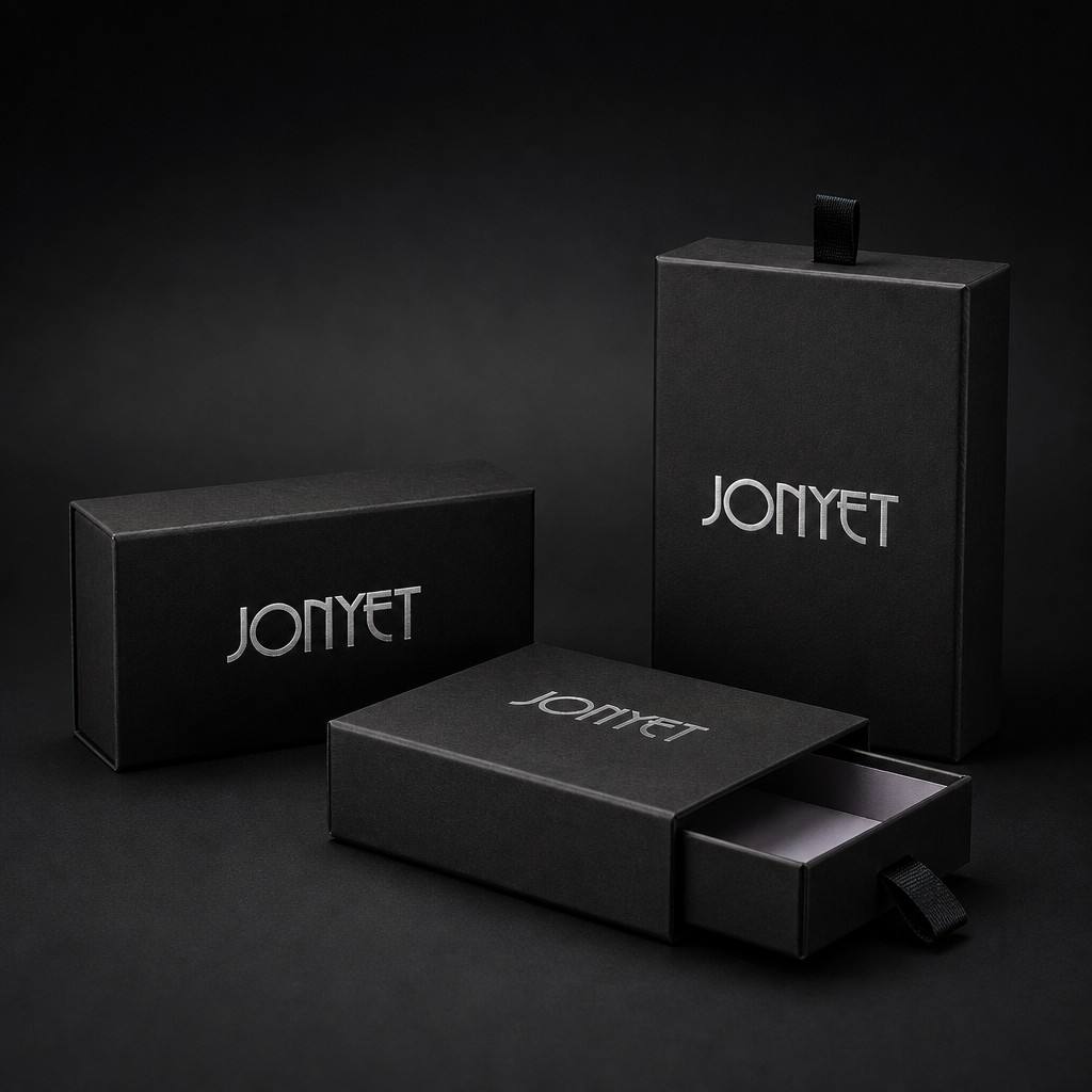 Custom Drawer Box for Skincare Bottles | Matte Black Rigid Slide-Out Gift Box with Silver Foil Logo & Ribbon Pull | Custom Size, Colour & Material | MOQ 1,000 | One-Stop Bottle Packaging