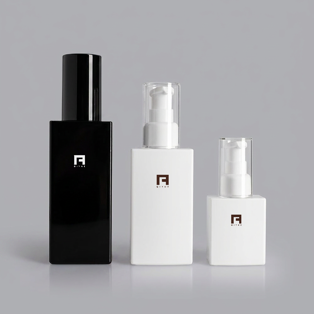 Anpassbares PETG-Quadrat-Lotionspumpflaschen-Set (60 ml, 100 ml, 120 ml) | Luxuriöse matte schwarze und opake weiße Kosmetikverpackung für Serum, Reinigungsmittel und Tonikum | Professioneller, nachfüllbarer minimalistischer rechteckiger Behälter | Großhandel B2B und DTC in Bulk