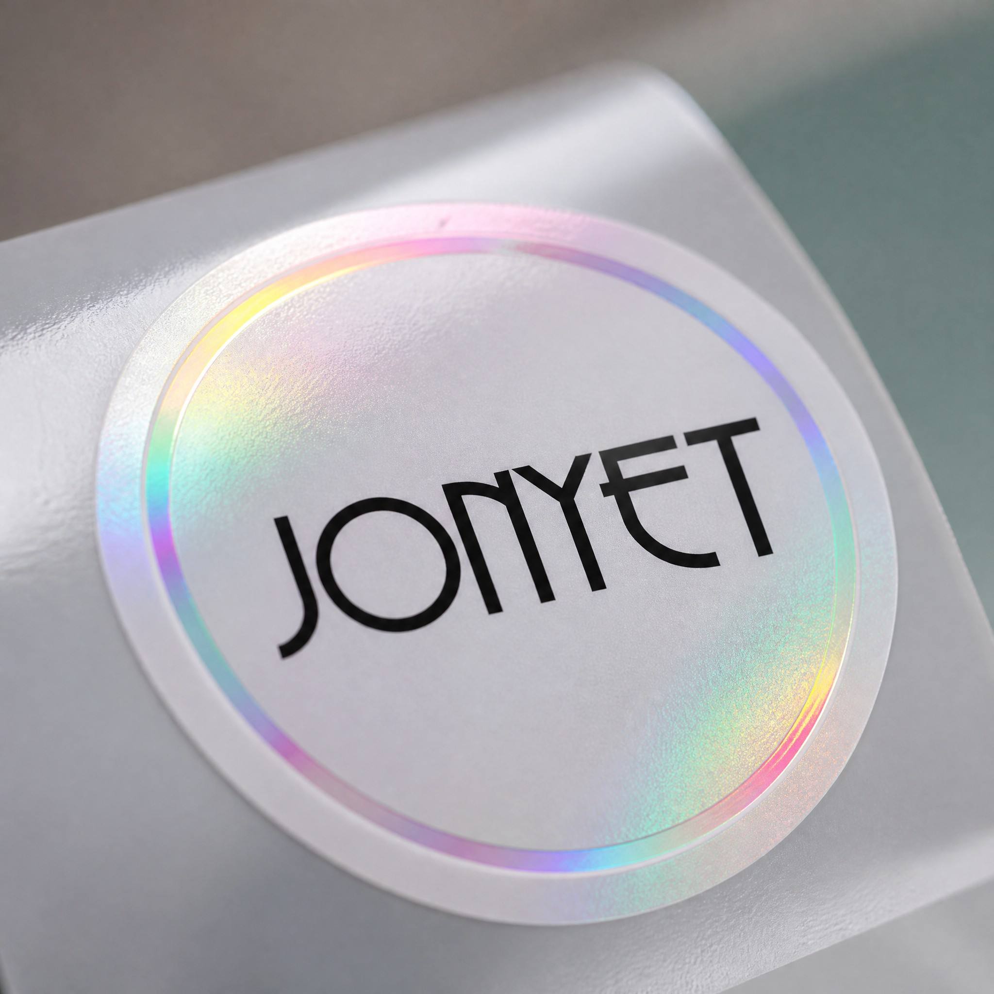 Custom Holographic Cosmetic Labels | Full-Surface Rainbow Iridescent Round Stickers for Jars & Bottles, Black Print on Holographic | Custom Size, Color, Material & Pattern | One-Stop Bottle Packaging Pairing