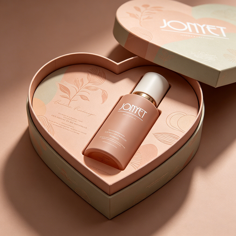 Customizable Heart-Shaped Luxury Skincare Gift Box | Bespoke Rigid Packaging for Valentine's Day, Mother's Day & Bridal Sets | Premium Botanical Embossed Cosmetic Paper Box | Eco-Friendly Morandi Green & Blush Pink | Wholesale Bulk Supply