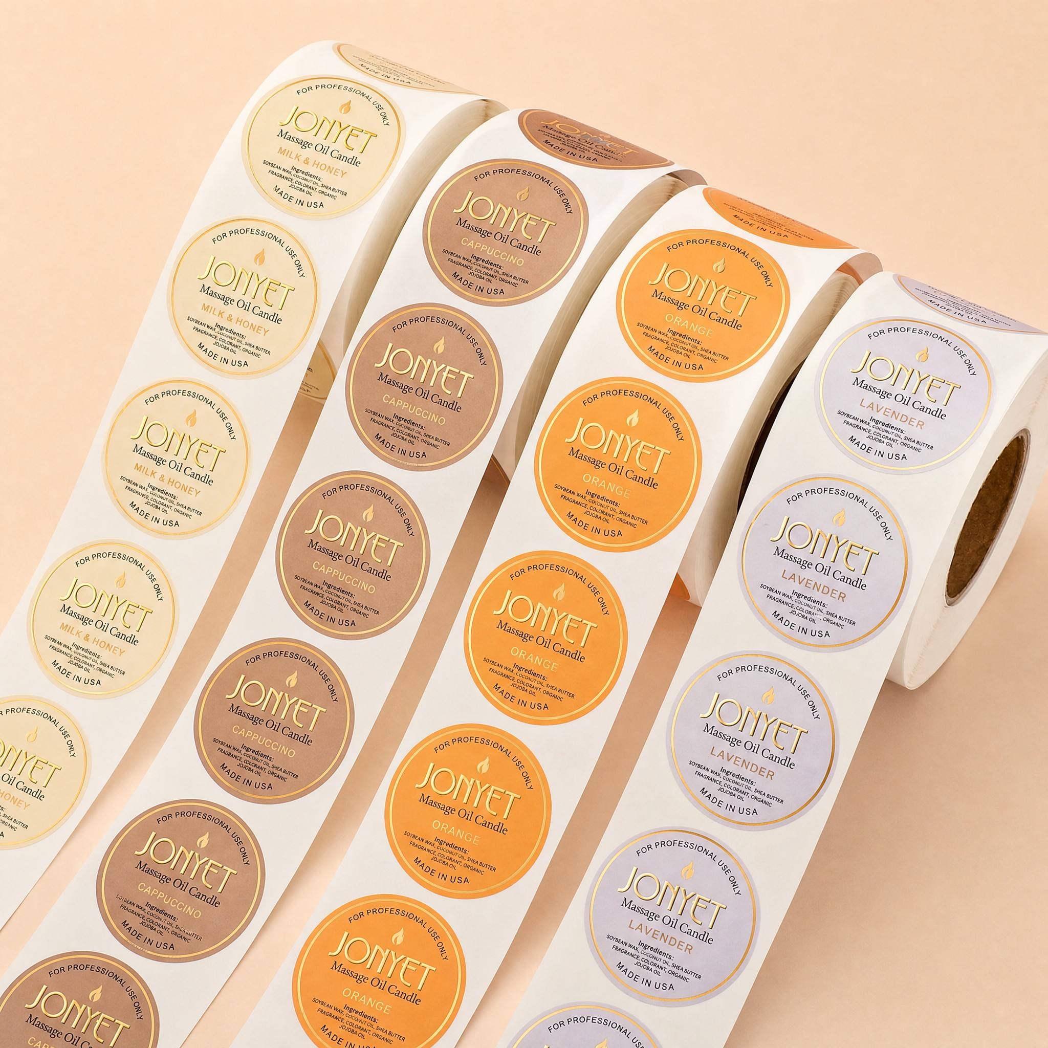 Custom Cosmetic Jar & Bottle Labels | Gold Foil Ring Round Stickers with Full-Colour Artwork Printing & Variant Colour Coding | Custom Size, Colour, Material & Pattern | One-Stop Bottle Packaging Pairing