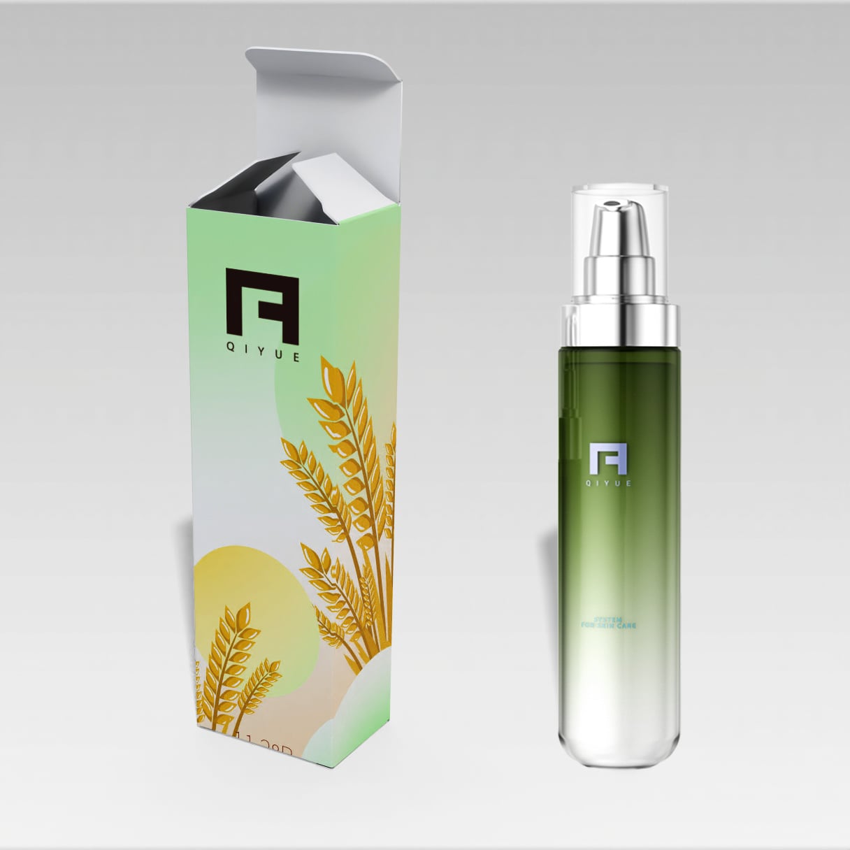 Green Gradient Essence Bottle + Custom Box One-Stop Packaging Solution | Bottle & Box Made In-House, Efficient & Reliable