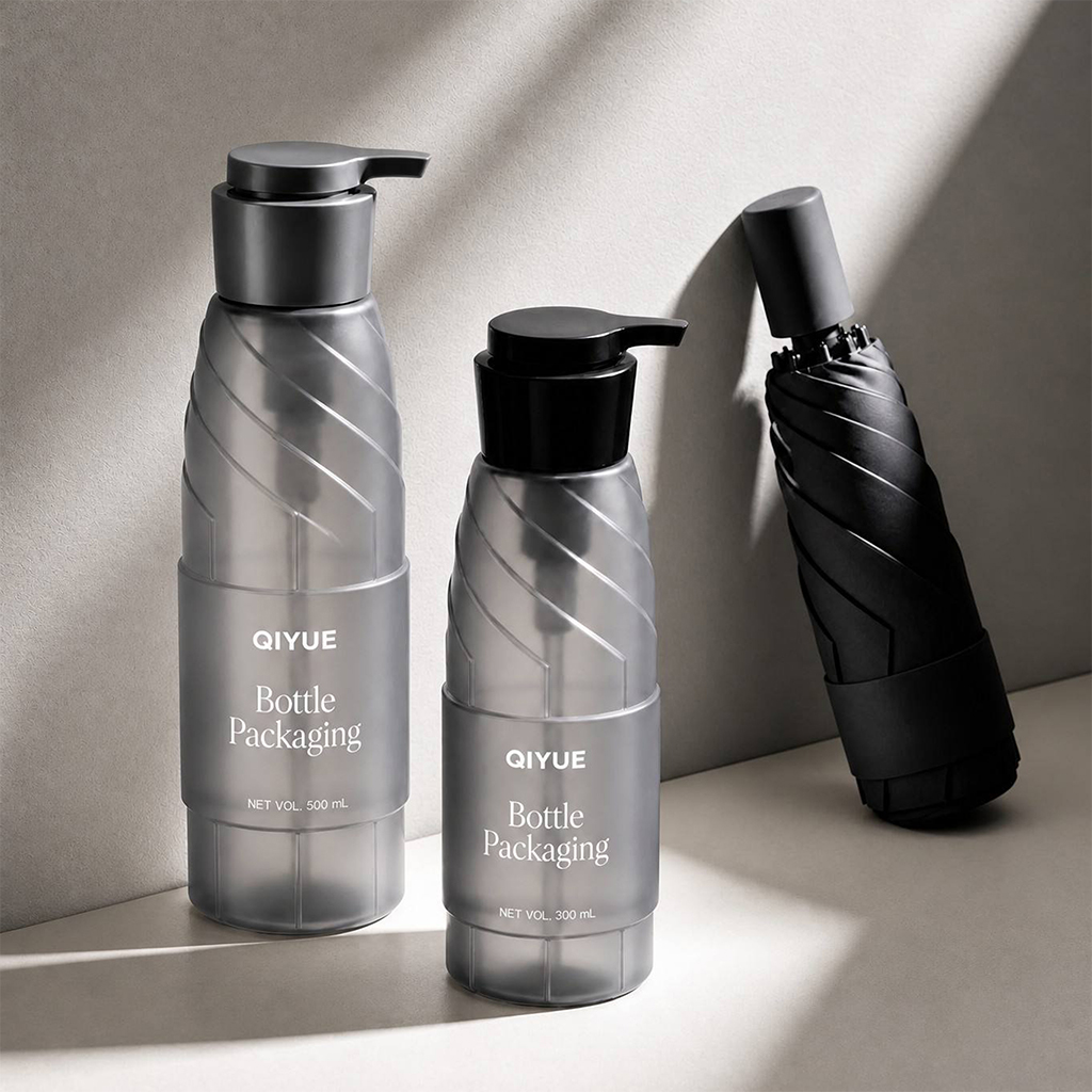 Custom 300ml & 500ml PET Umbrella-Pattern Spiral Bottle | BPA-Free Body Wash & Shampoo Container with PP Screw Cap | Wholesale Customizable Color & Silk Screen Logo | Premium Personal Care Packaging Supplier