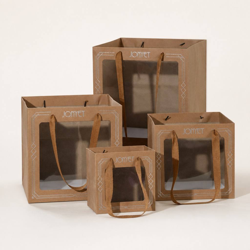 Custom Kraft Art Paper Handle Bag with Clear Window for Skincare Bottles | Ribbon-Handle Gift Carrier with See-Through Front Panel | Wholesale Customizable Size & Color | Premium Cosmetic Packaging Supplier