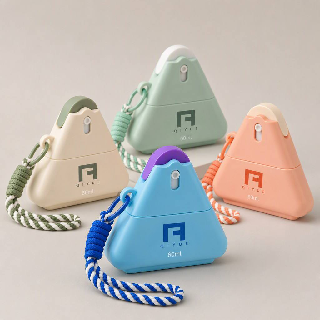 Custom 60ml Triangle PET Fine Mist Spray Bottle with Lanyard | Portable Hand Sanitizer & Facial Mist Dispenser | Soft-Touch Ergonomic Shape, Custom Colors | Wholesale OEM/ODM Skincare Packaging Supplier