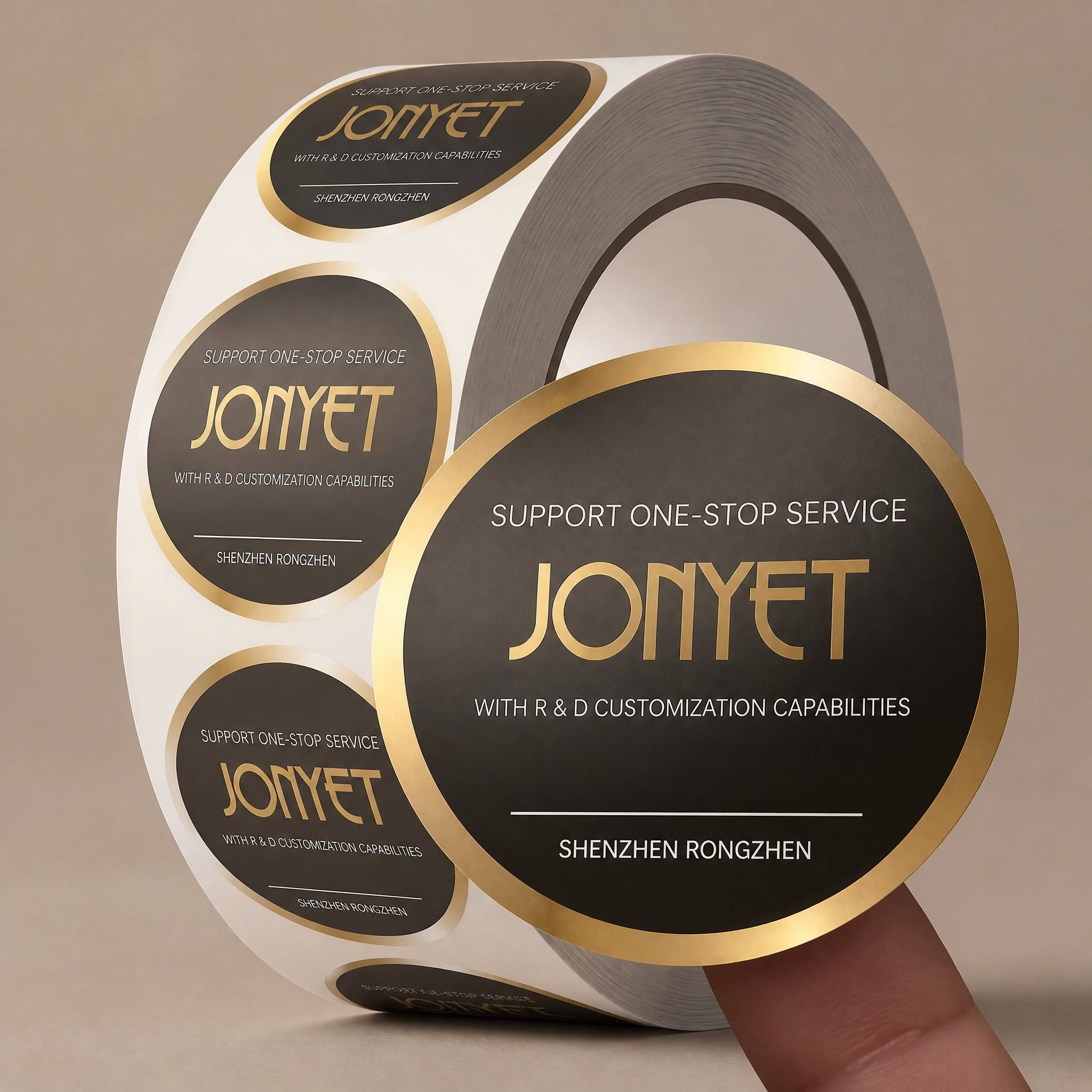 Custom Cosmetic Bottle & Jar Labels | Matte Black Gold Foil Round Adhesive Stickers | Custom Size, Color, Material & Pattern | One-Stop Skincare Packaging Labels with R&D Customization