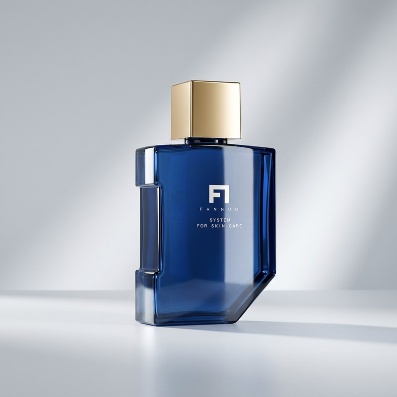 Customizable 180ml Asymmetrical PET Skincare Bottle with Gold Square Screw Cap | Luxury Deep Blue Geometric Empty Cosmetic Packaging for Toner, Essence & Aftershave | Professional Refillable Unique Design Container | High-End Boutique Wholesale