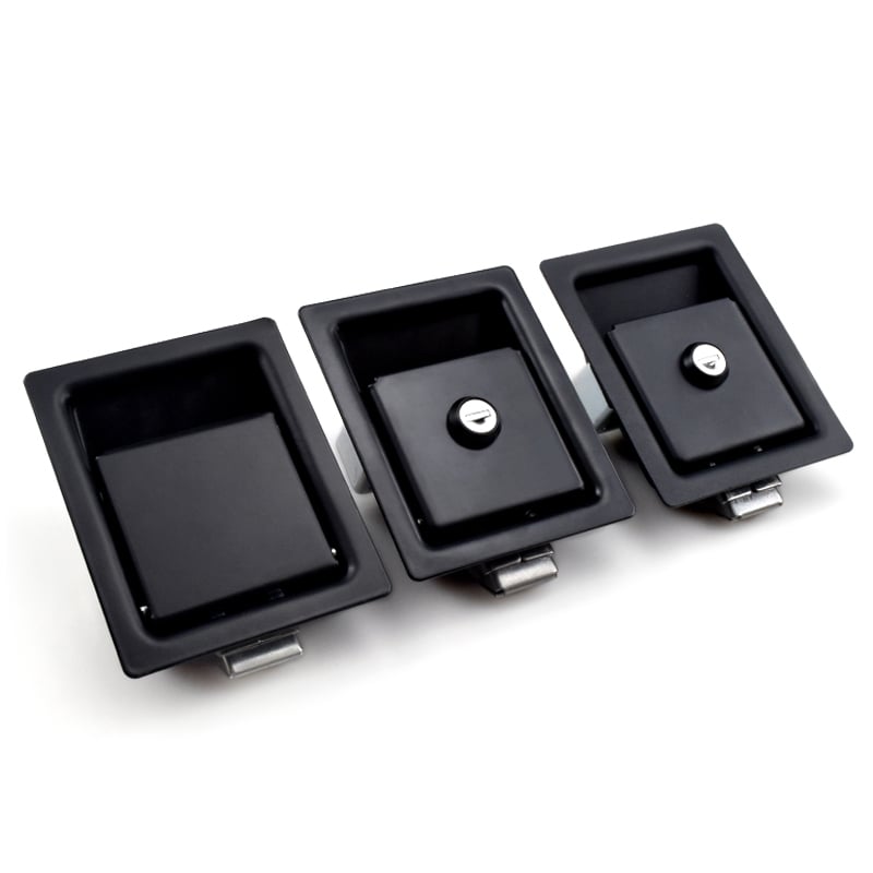 Black Square Panel Lock & Flat Pull Cabinet Lock – Heavy Type Gate Lock with Paddle Handle & Padlock Cylinder for Truck Tool Boxes