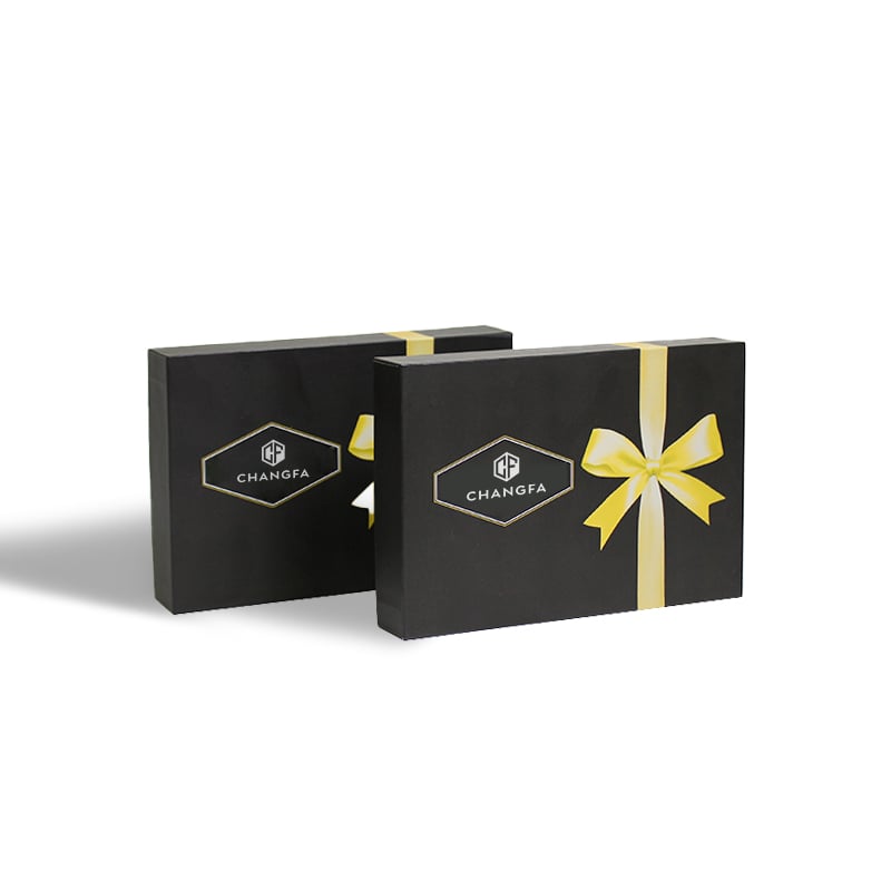 CF Black Foil Stamped Bow Gift Box Recycled Materials with Rigid Lids Glossy Lamination UV Advantage Gifting Packaging