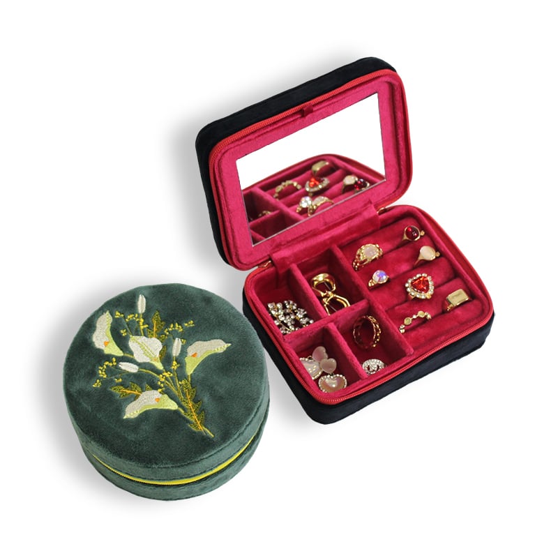 Luxury Velvet Jewelry Storage Case With Embroidery Zipper Closure Built In Mirror and Compartments for Rings Earrings Jewelry Box