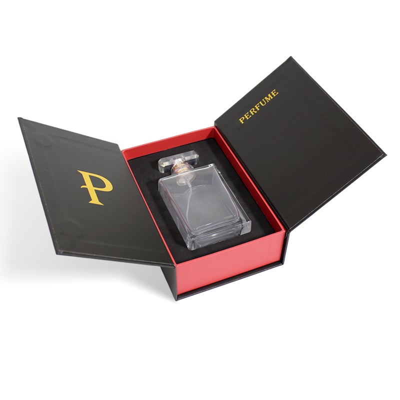 Luxury Black Hard Paper Cosmetic Packaging Box Custom Logo Print Book Style Box Cardboard Essential Oil Perfume Bottle Gift Box