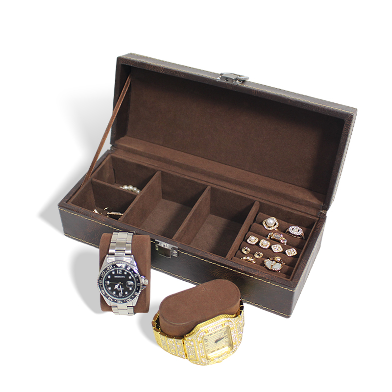 CF Wooden Velvet Watch Case with PU Leather Travel Clamshell Box