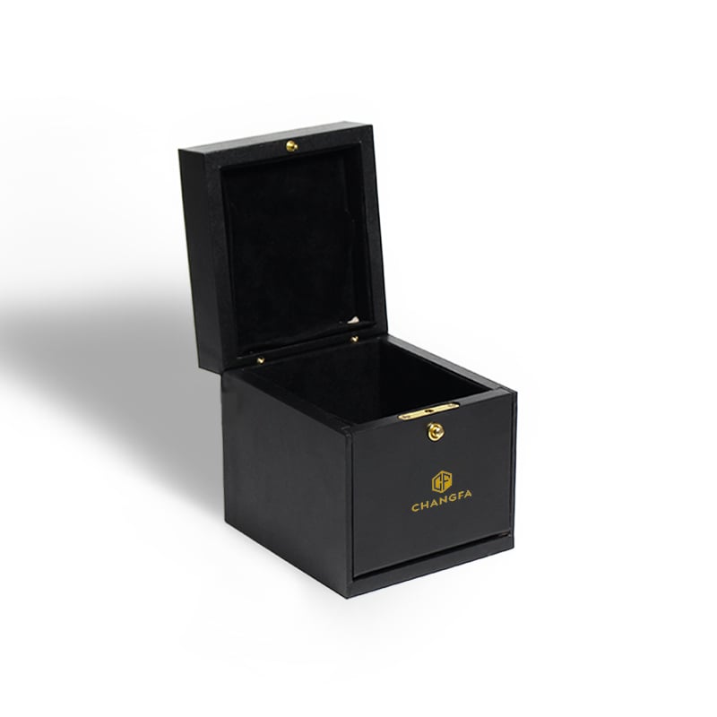 Kotak Kemasan Jam Tangan Mewah Hitam Berlapis Pernis Mengilap CF, Pelapis Kotak Jam Tangan Kulit PU dengan Kotak Kertas, Case Kayu Elegan
