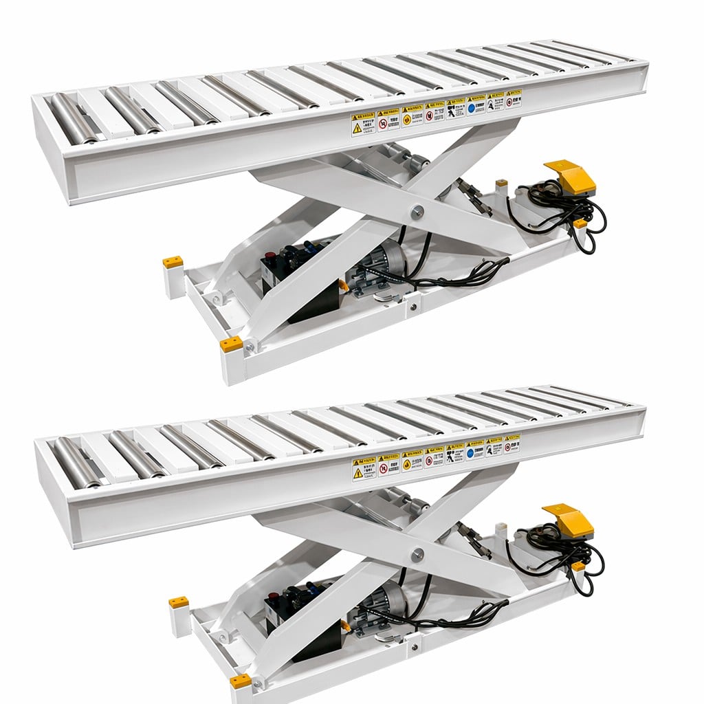 1T hydraulic scissor lift table with fixed-roller and 90 degree rotation base