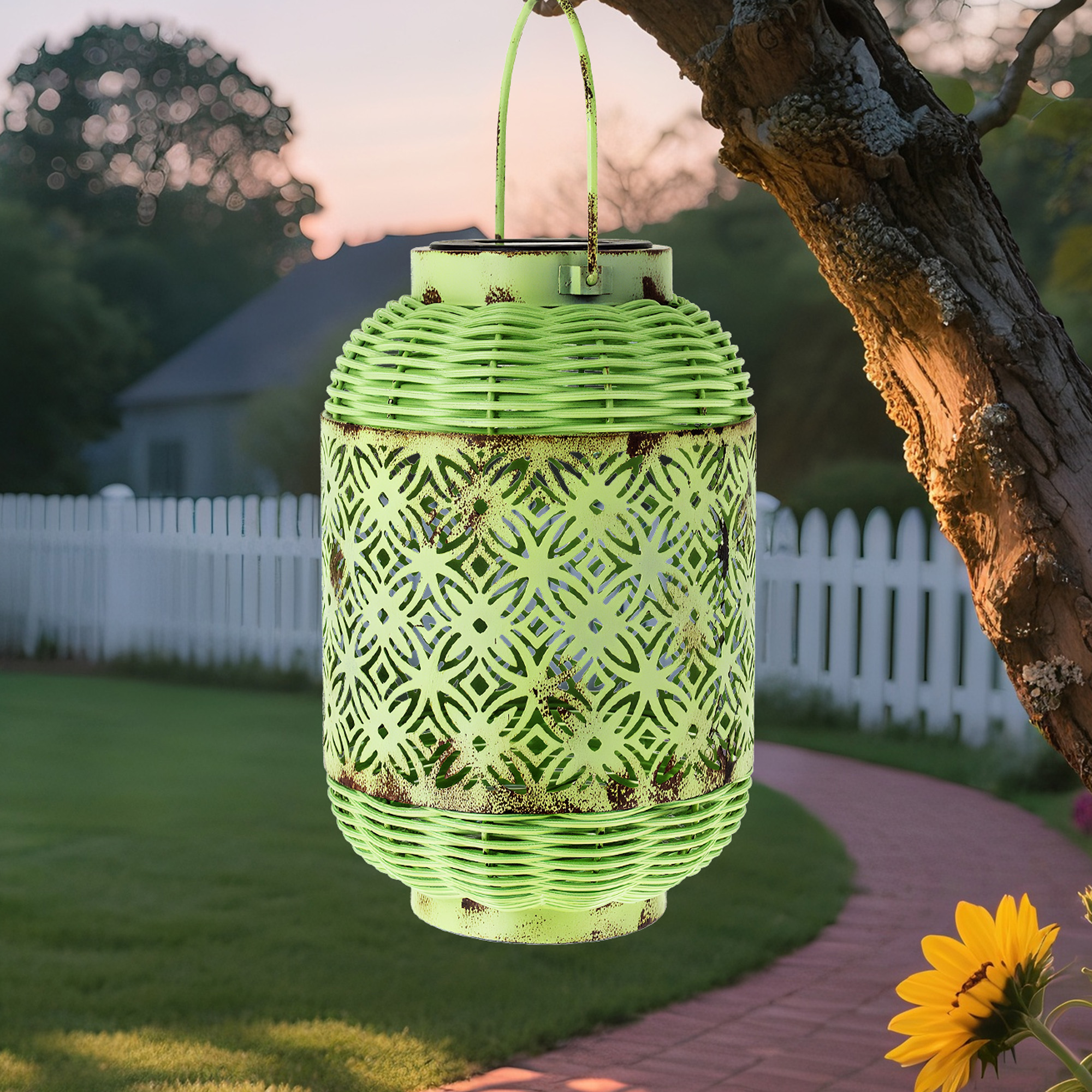 Waterdichte groene rotan gevlochten artikelen metalen vloerlamp wilgentenen zonne-ophanglantaarn