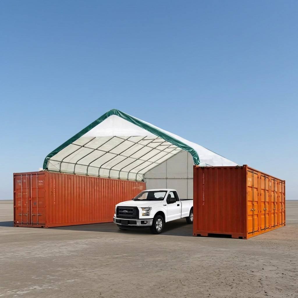30X40ft shipping container shelter with End Wall & Partial Front Drop Pro Series