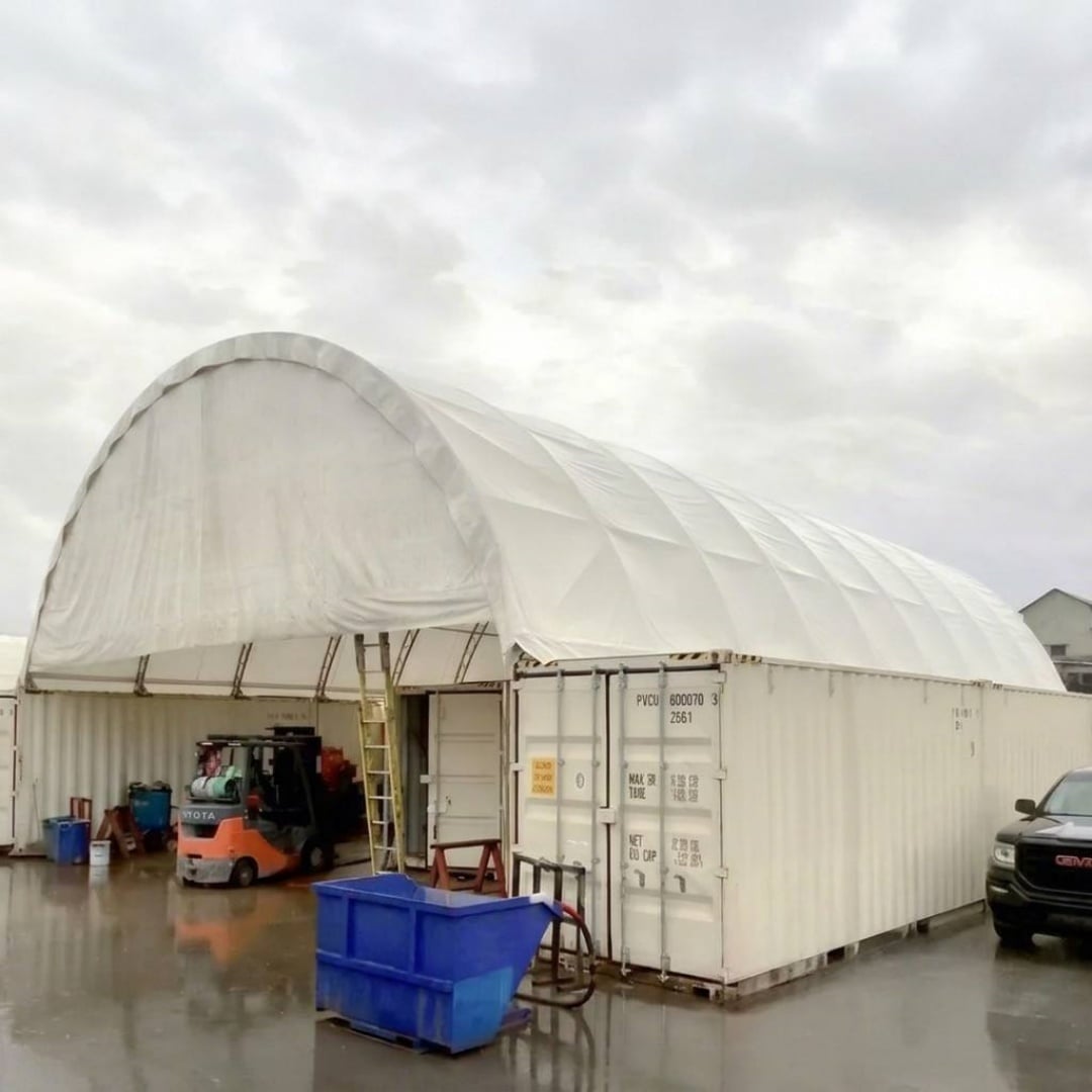 Wind Resistance 40’ x 60’ Double Truss shipping container dome with Rear Wall + Half Front Wall