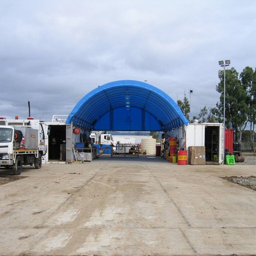 20'X40'X16' Single Truss Container Dome Shelter with Half/Partial Endwall for Mining & Fleet Maintenance