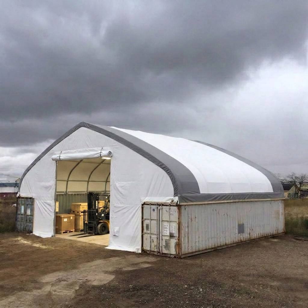 pavilion pentru container de transport 50x40 cm, 22 uncii, din PVC cu structură dublă în formă de X, dotat cu sistem de înfășurare cu tambur la fațadă și spate