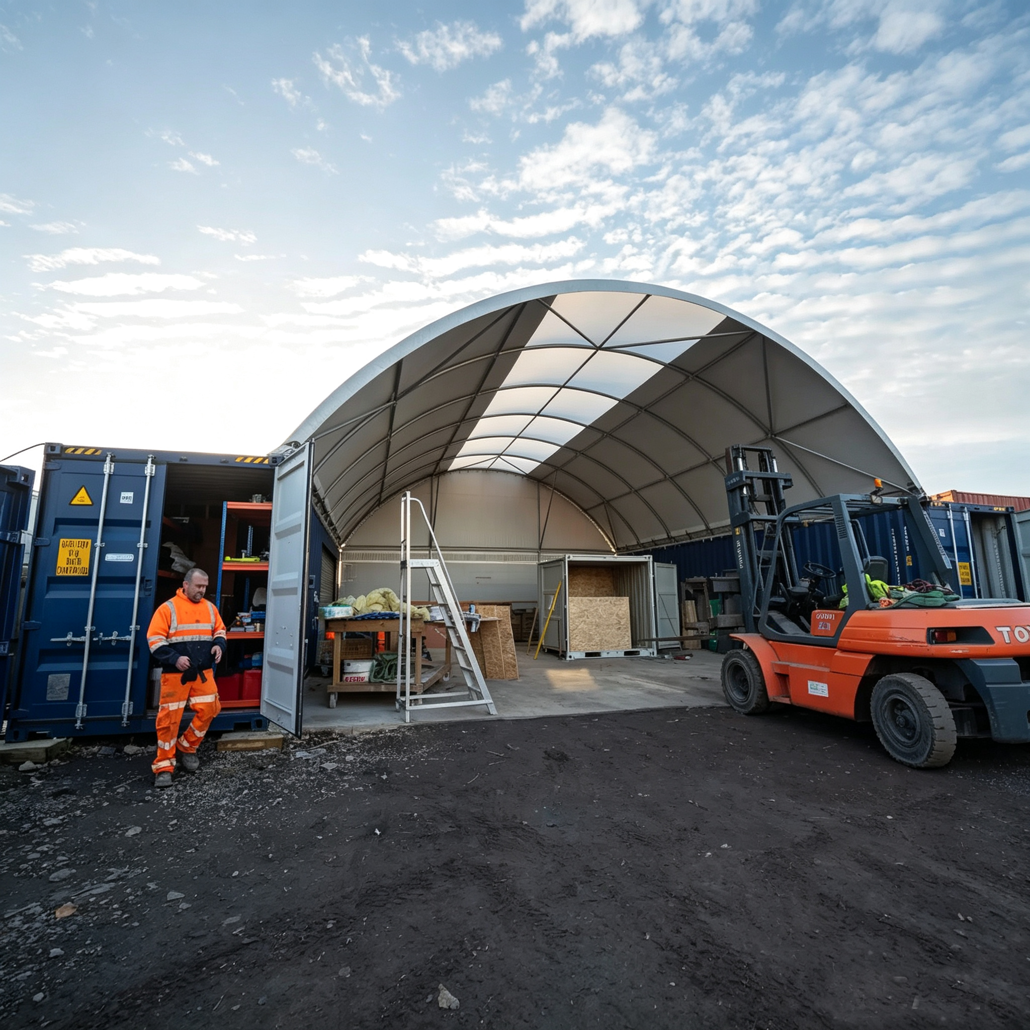 Customized Size Single Truss Shipping Container Dome Shelters with Center Skylight Galvanised Steel UV-stabilised PVC Cover