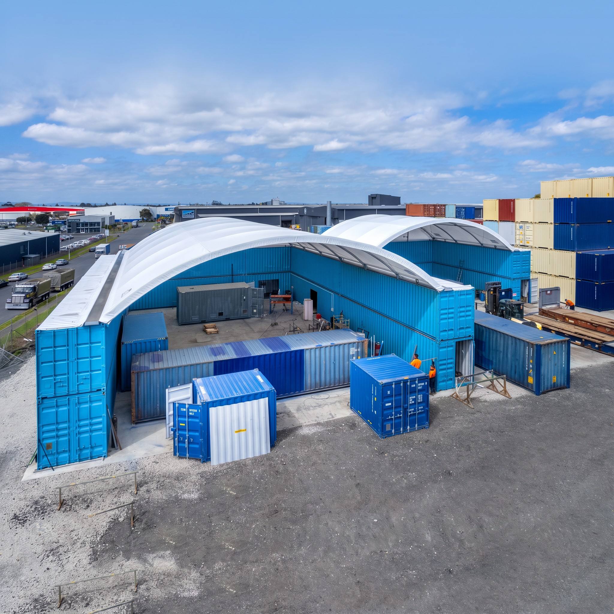 16 m × 24,4 m Container-Montage-Werkstatt-Schutzdach, doppelt gestapelt, mit Verdrehverschluss-Trägern, ohne Schweißung, 12-Jahres-Garantie für Ingenieuranwendungen