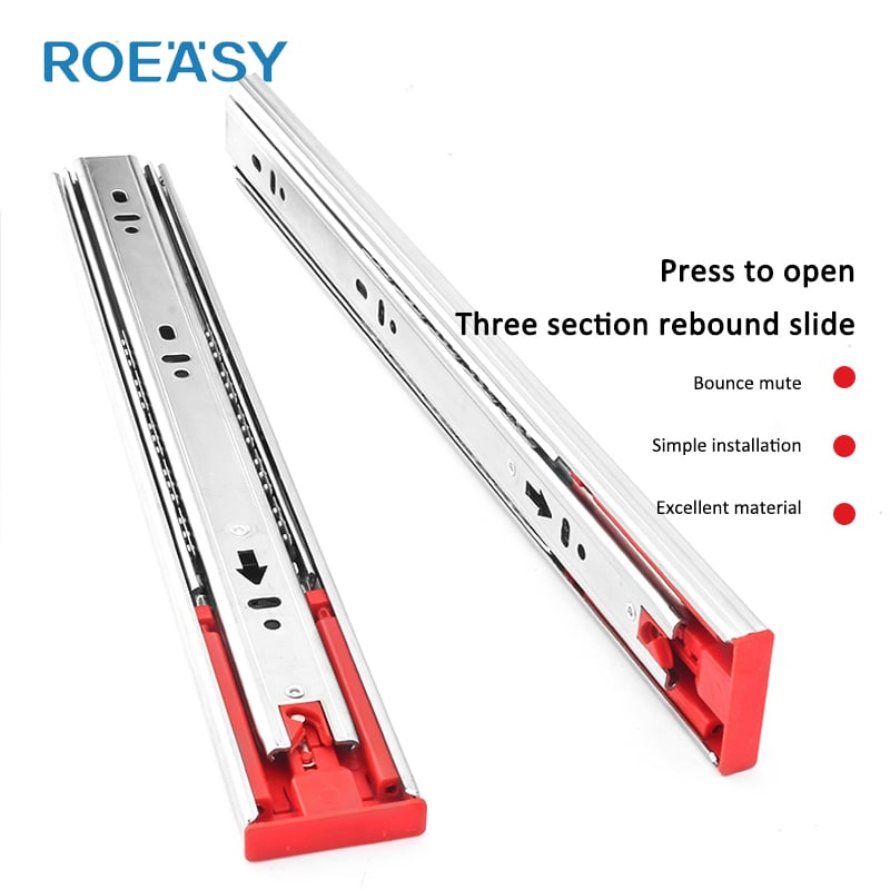 ROEASY Lock2-W (apertura con empuje), guía telescópica de 3 pliegues con rodamientos de bolas, completa extensión, sistema de apertura por empuje para cajones en armarios