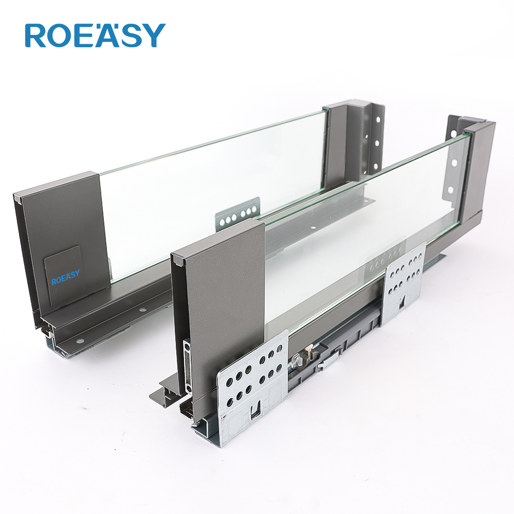 ROEASY 193Y-116MM kaca laci geser tipis kotak logam furnitur laci geser dinding ganda