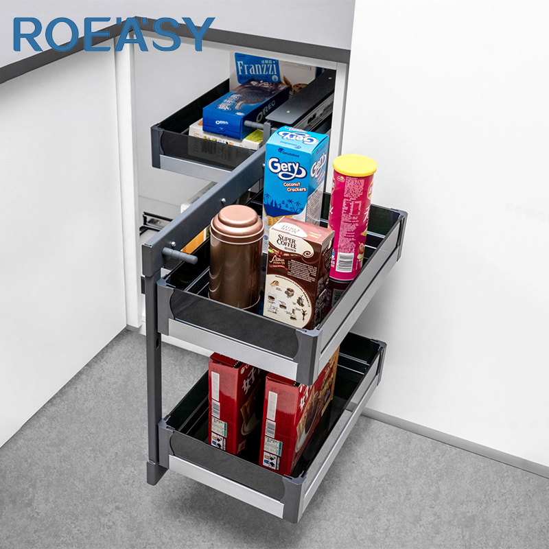 ROEASY DWG80/DWG90 Full Extension Magic Corner Basket Spice Rack Kitchen Storage Organizer Cabinet Pantry Kitchen Pull Out Basket