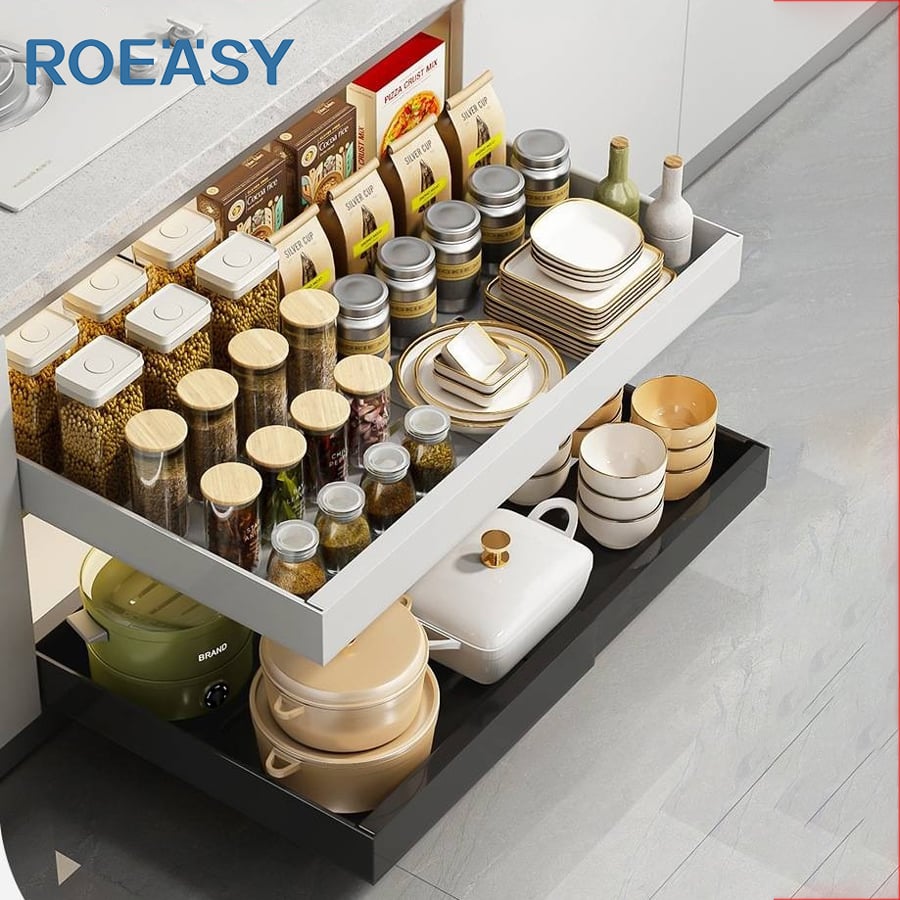 ROEASY No Drilling Adhesive Kitchen Storage Rack Telescopic Pull Out Cabinet Under-Sink Sliding Basket for Spices & Utensils