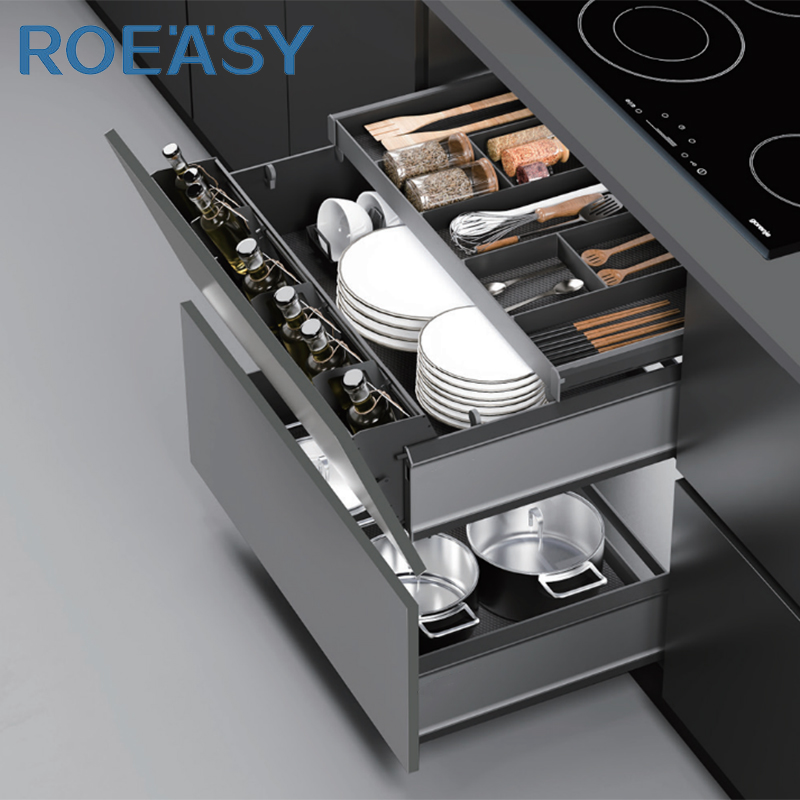 ROEASY KD601 3 Tiers Dual Layer Forward Tilt Opening Kitchen Pull Out Baskets for Storing Kitchen Utensils, Cookware & Tableware