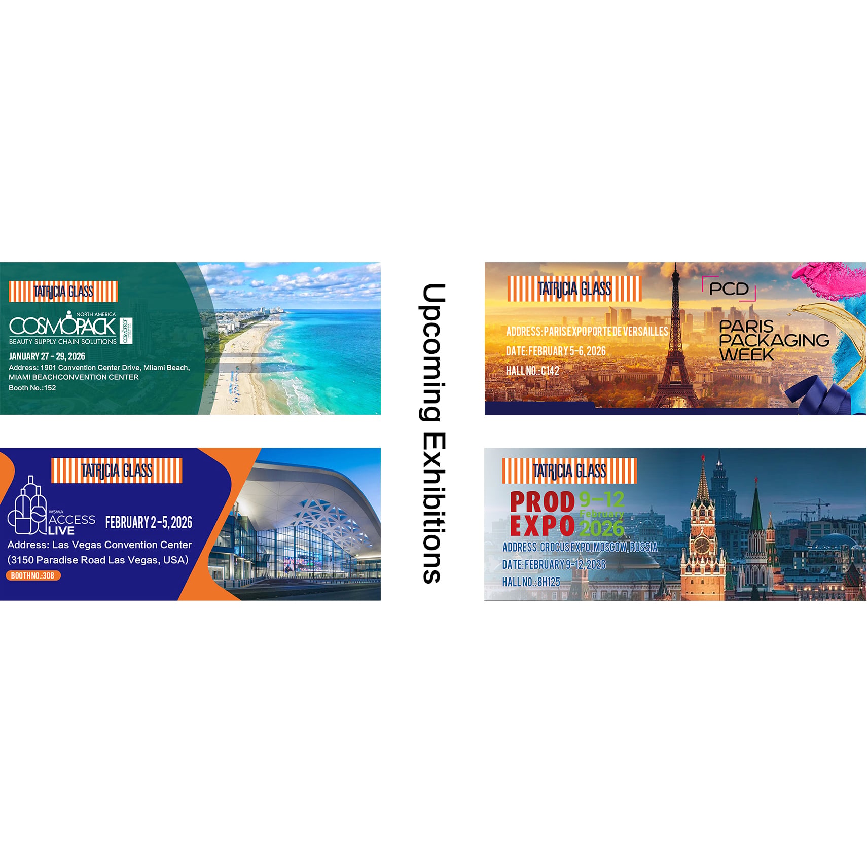 Gira Global TATRICIA GLASS 2026 | ¡Conózcanos en 4 ferias líderes de embalaje!
