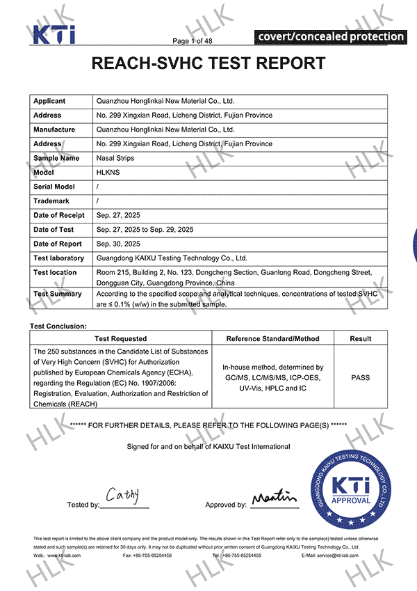 Nasal Strips-Reach-Analysis Certificate
