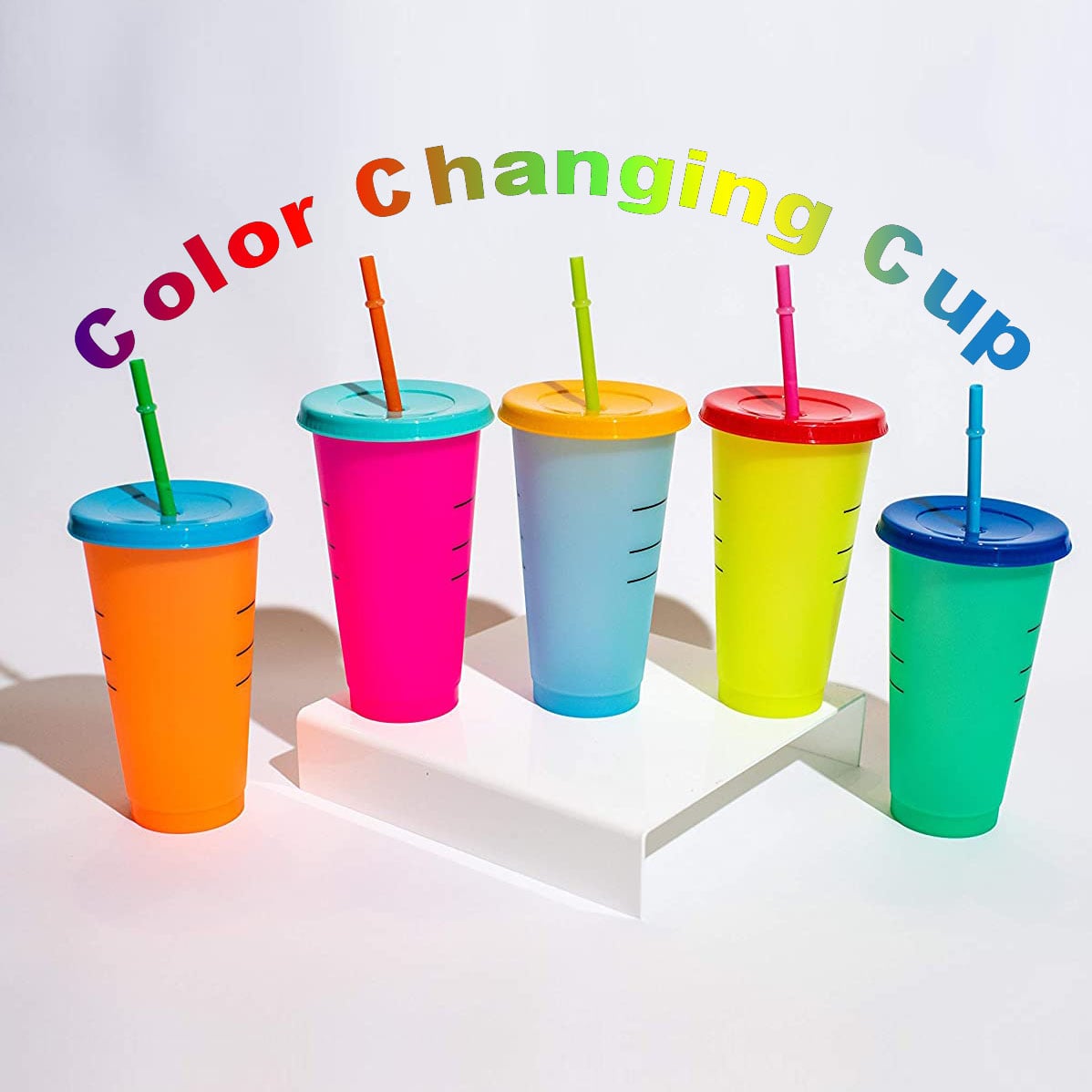 แก้วน้ำสีเปลี่ยนได้สำหรับดื่มเครื่องดื่มเย็น ขนาด 24 ออนซ์ สีหลากหลาย พร้อมฝาและหลอด
