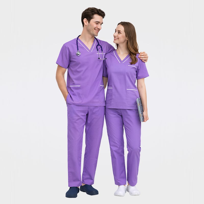 Polyester-Cotton Scrub Set Contrast Piping V-Neck Medical Uniforms 42007